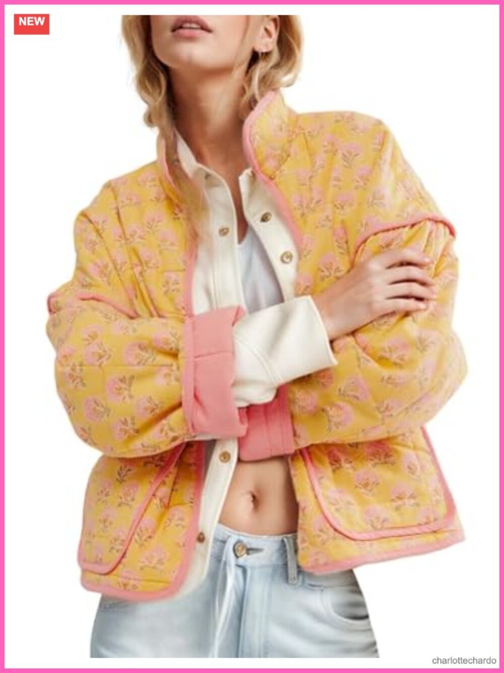 Quilted Cropped Puffer Jacket Floral Print Open Front Lightweight Coat